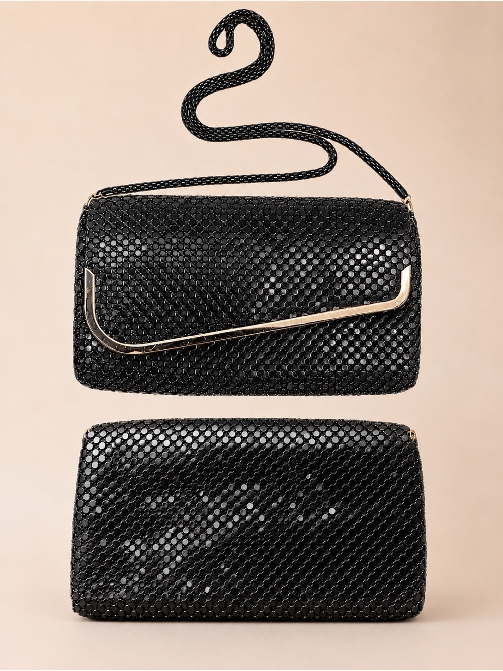 VTG Black Metal Sequin Mesh Clutch w Metallic Flap Trim & Removable Mesh Strap - Picture 3 of 16